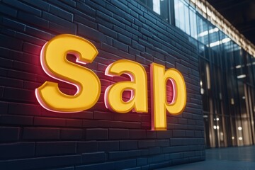 Obraz premium SAP - Business process automation software, displaying bright yellow and pink letters spelling SAP on a blue brick wall