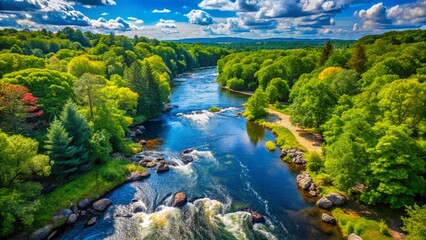 Aerial Drone Shot of Blackstone River, Scenic Landscape, New England River Valley