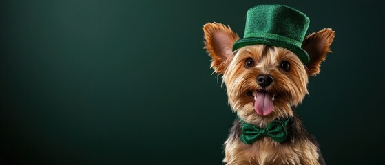 Adorable Yorkshire Terrier dog wearing green St Patricks Day hat and bow tie, sticking tongue out in a festive and cheerful St Paddys day celebration