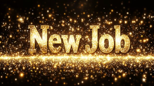 A new job announcement in golden letters, adorned with confetti and light rays, sets a festive mood - Powered by Adobe