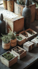 Fototapeta premium Traditional herbal market display showcasing assorted dried plants and natural remedies in wooden containers during the afternoon in a rustic shop