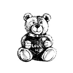 Obraz premium Valentine's Day hand drawn illustration, vintage sketch of toy teddy bear on white background