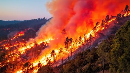 Fototapeta premium Dramatic Forest Fire Erupting on a Mountain Slope with Thick Smoke and Bright Flames Under a Dusk Sky Captured from a High Angle View