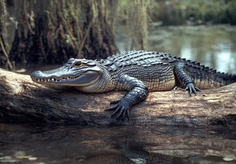 Fototapeta premium Lying Alligator on a Log Near Calm Water Surrounded by Nature in a Serene Wetland Environment Captured in Beautiful Natural Light
