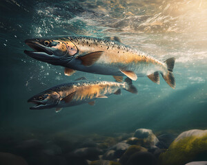 Fototapeta premium Two salmon swim gracefully in clear water beneath the surface, surrounded by rocks and illuminated by sunlight filtering through the waves