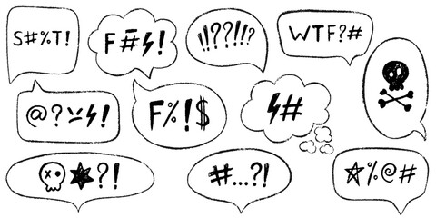Comic speech bubbles with angry, swear words. Hand drawn crayon speech bubbles with the curses, insults, vulgar rage, swear word symbol and offensive language. Bad words in comic dialog box or frame