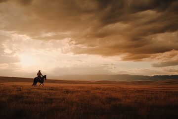 Cowboy riding horse through golden prairie under dramatic sky