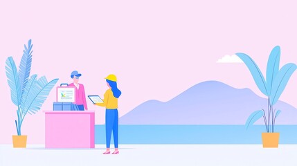 Cartoon illustration of a travel agency scene, featuring an agent assisting a couple with vacation planning, incorporating ample copy-space, vector style, and clean line art