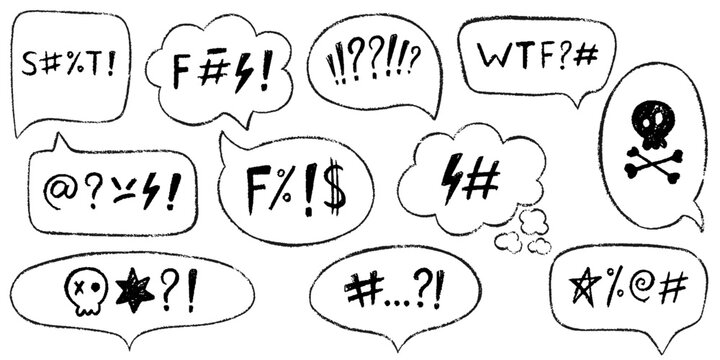 Comic speech bubbles with angry, swear words. Hand drawn crayon speech bubbles with the curses, insults, vulgar rage, swear word symbol and offensive language. Bad words in comic dialog box or frame