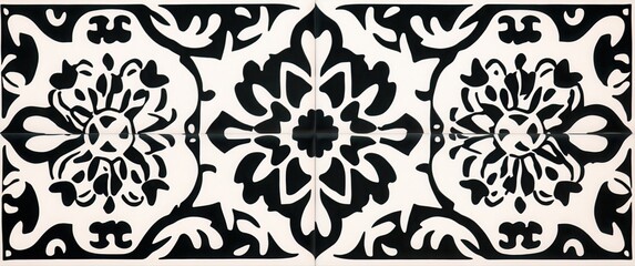 A black and white tile design with a flower pattern. The design is very intricate and detailed. The tile is placed on a white background