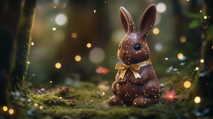 Chocolate bunny in the middle of an enchanted forest