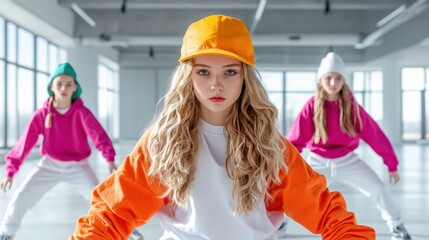 Young Female Dancers in Colorful Outfits Performing Together in Modern Studio with Spacious Windows and Bright Natural Light