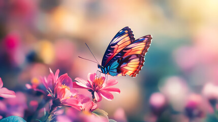 A colorful butterfly perched on the center of an oversized flower, surrounded by vibrant pink and purple blossoms in full bloom
