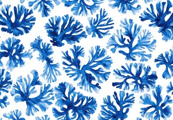 A blue and white painting of seaweed. The blue and white colors give the painting a calming and serene mood. The painting is of a variety of different types of seaweed, with some being larger