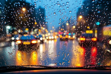 Obraz premium The car's brake lights ahead are visible through the windshield on a rainy evening