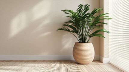 Interior with a plant in a pot near the window. Beige wall and floor. Minimalist interior design.