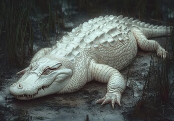 Fototapeta premium Majestic Albino Crocodile Resting on Marshy Ground Surrounded by Tall Grass in a Serene Habitat with Dramatic Lighting and Detailed Textures