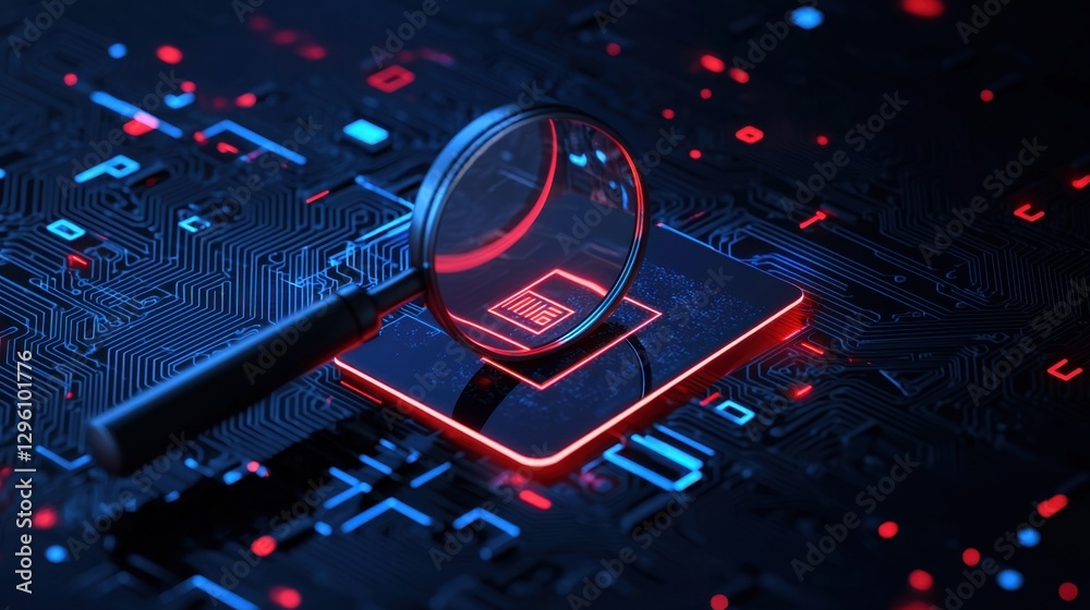 Poster red and blue printed circuit board with magnifying glass highlighting symbol in a high-tech conceptu