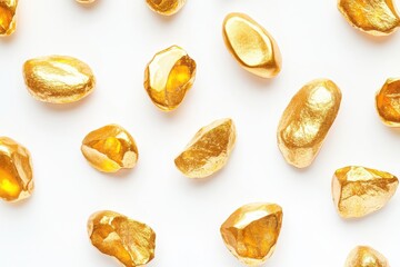 A close up of gold colored rocks with some of them broken. The rocks are scattered across the image, with some of them overlapping each other. Scene is one of luxury and opulence