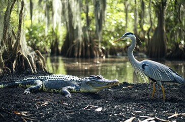 Obraz premium Majestic Alligator and Great Blue Heron Coexisting in a Serene Wetland Environment Surrounded by Lush Vegetation and Reflective Waters