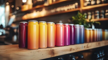 Artisanal Kombucha Cans with Glossy and Vibrant Packaging Displayed on Wooden Shelves