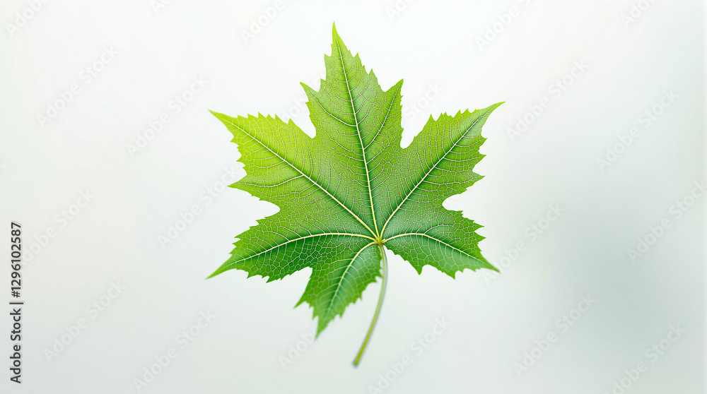 Poster a vibrant green maple leaf against a stark white background, its intricate details highlighted by th