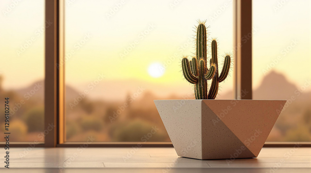 Poster a cactus in a geometric pot placed on a surface, with a window in the background revealing a serene 