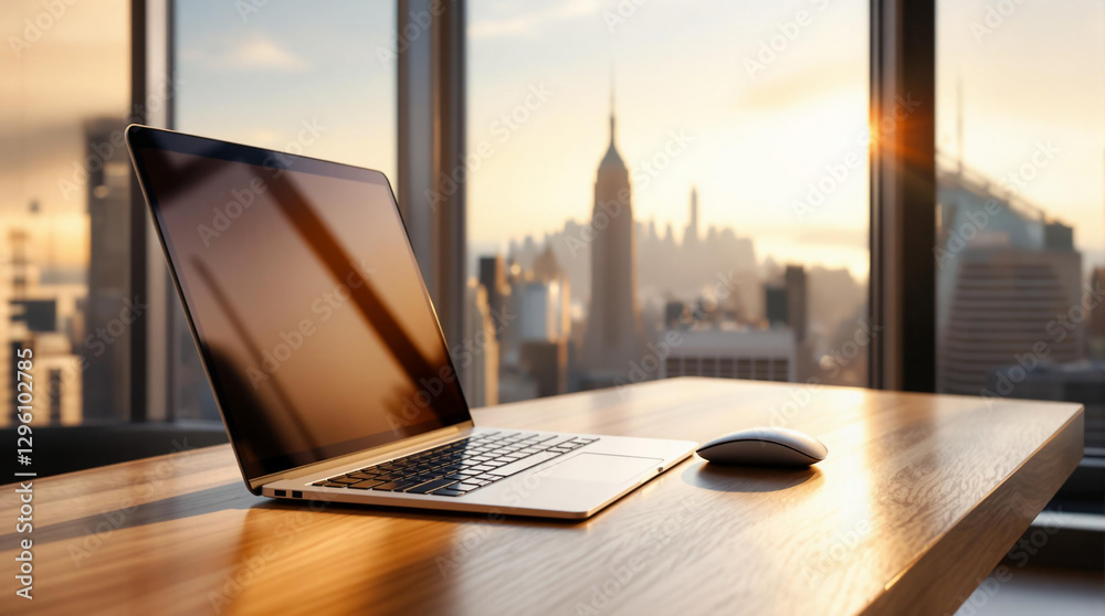 Poster a laptop computer sitting atop a wooden desk, with a mouse beside it, set against a backdrop of a ci