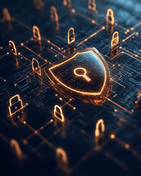 Digital security shield with glowing padlocks.