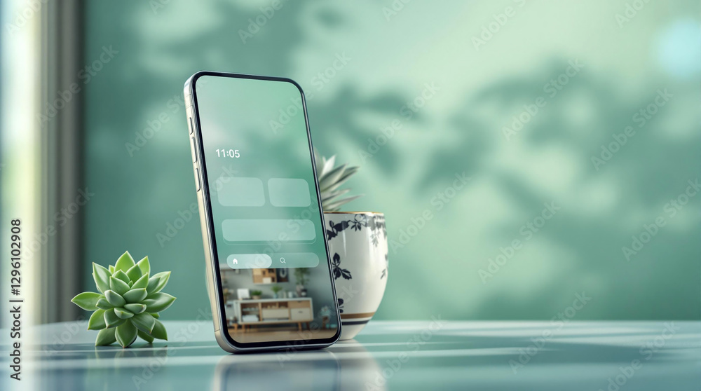 Poster a smartphone placed on a table beside a potted plant, with a blurred background suggesting a serene 