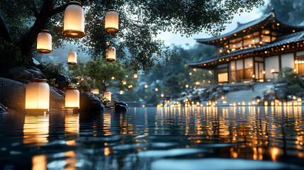 Tranquil evening at a lakeside temple illuminated by glowing lanterns and surrounded by serene nature in a calming landscape