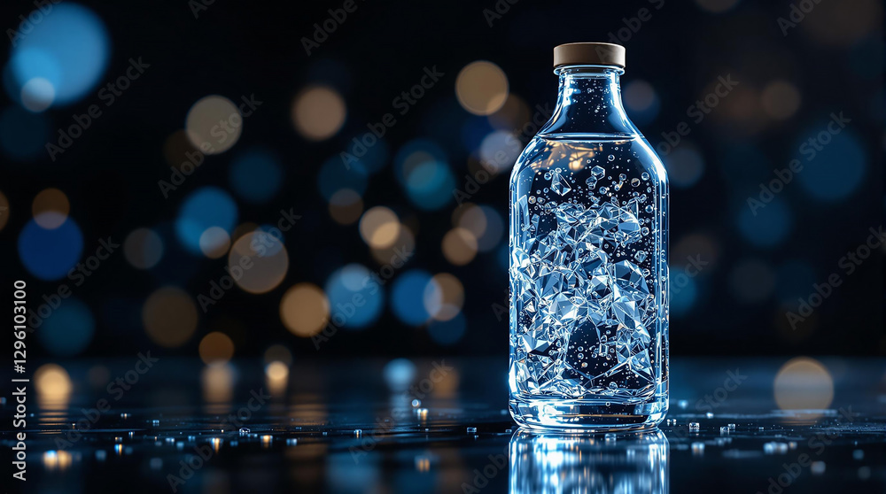 Poster a bottle of water with a cap, set against a blurred background with bokeh effects. the bottle is tra