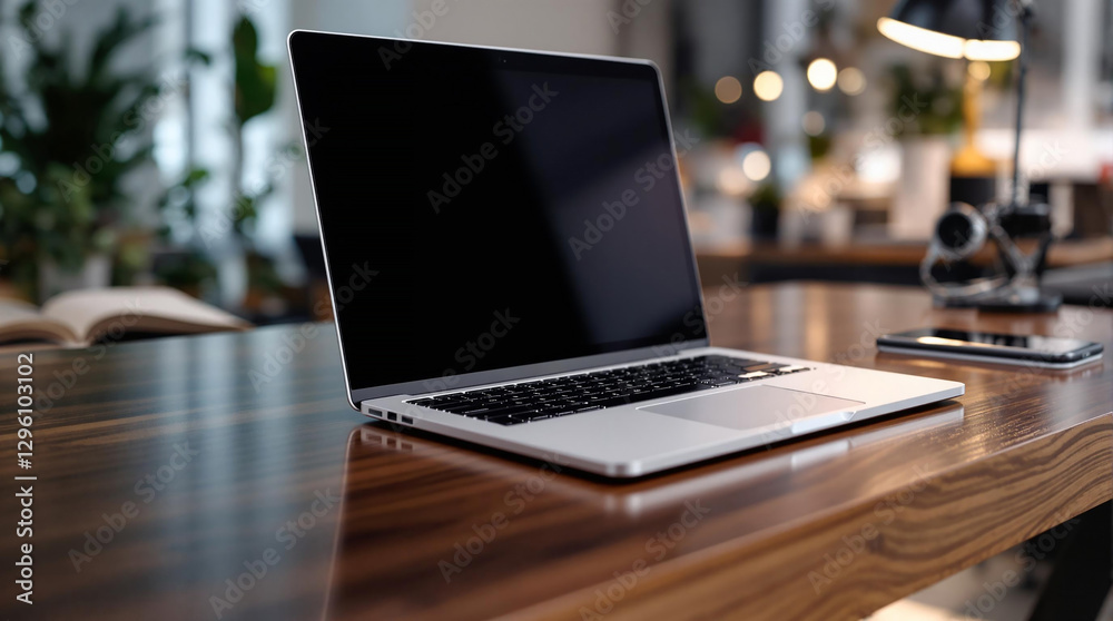 Poster a laptop computer sitting atop a wooden table, accompanied by a book to its left and a lamp to its r