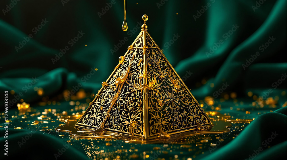 Poster a golden pyramid-shaped object suspended in the air against a dark green backdrop, with a few golden
