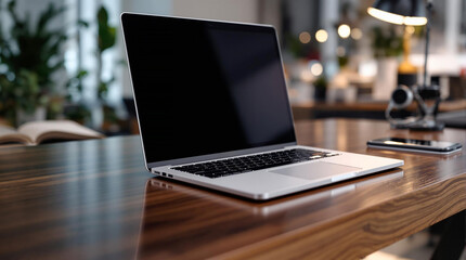 A laptop computer sitting atop a wooden table, accompanied by a book to its left and a lamp to its right. The background is slightly blurred, revealing a room with plants and other objects, suggesting