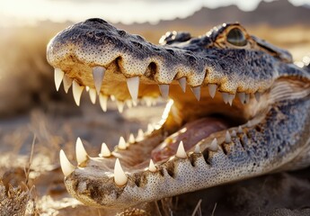 Fototapeta premium Majestic Alligator Crocodile Head with Sharp Teeth Set in Natural Habitat Under Soft Sunlight Glow in a Wilderness Landscape