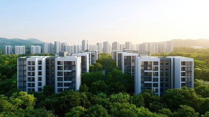 Fototapeta premium Apartment buildings surrounded by green trees in a city. Real estate concept.