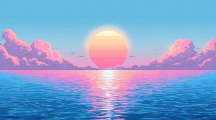 A computer generated image of a sunset over the ocean. The sky is filled with pink and purple clouds, and the sun is setting in the distance. The water is calm and the horizon is visible