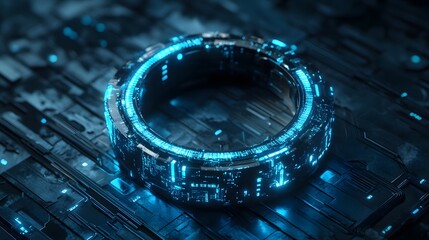 A cyberpunk-inspired LED ring with glowing blue circuits, isolated on a dark sci-fi background