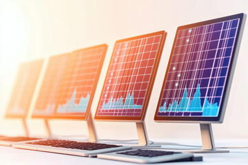 Digital monitors displaying data charts in bright setting