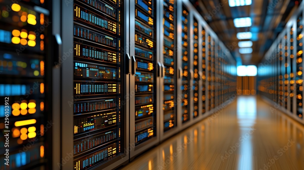 Poster futuristic data center corridor with illuminated server racks and advanced technology infrastructure