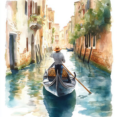 Watercolor painting shows gondolier row boat through canal feel relax