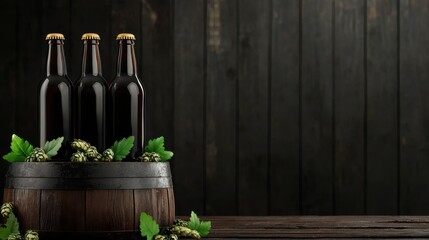 Three dark glass bottles of craft beer arranged on a wooden barrel surrounded by fresh hops and leaves against a rustic dark background
