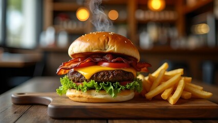 Juicy cheeseburger with crispy bacon, served with golden fries