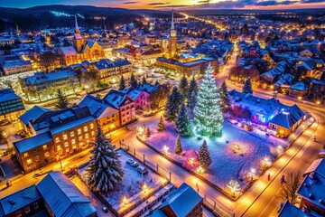 Fototapeta premium Aerial Festive Lights Cityscape Drone Photography - Holiday Background