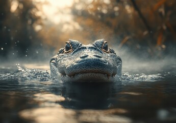Obraz premium Majestic Alligator Emerging from Misty Waters at Dawn in Serene Natural Habitat with Soft Light and Vibrant Background Colors