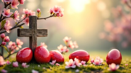 Red Easter eggs arranged with a cross amidst blooming cherry blossom branches in a serene spring setting