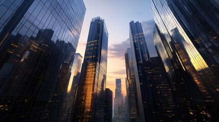 Fototapeta premium A futuristic cityscape, where towering skyscrapers pierce the twilight sky, connected by a vast, shimmering network of wireless connections, symbolizing the interconnected world of the digital age.