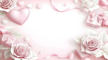 Delicate Pink Floral Border with Roses and Hearts for Romantic Celebrations and Invitations