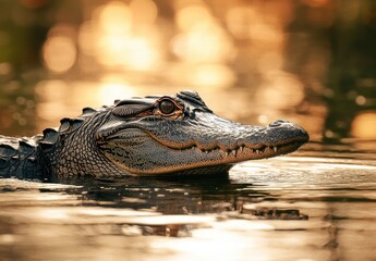 Fototapeta premium Majestic Alligator Emerging from Water Surrounded by Bokeh Highlights at Sunset in a Tranquil Wetland Environment